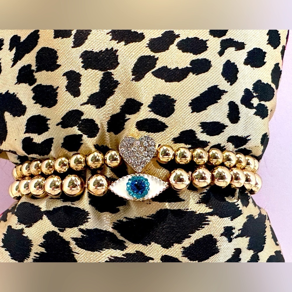Gold Ball‎ Bead Bracelets Set Evil Eye & Heart with Crystals